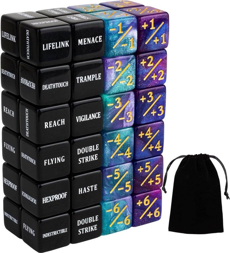 LAMJAM 48 Pieces Keywords MTG Dice Counters Plus 1 Life Counter Dice Abilities Creature Stats Buff Tokens Dice Set for Magic The Gathering, MTG, TCG, Card Games Accessories - Image 1